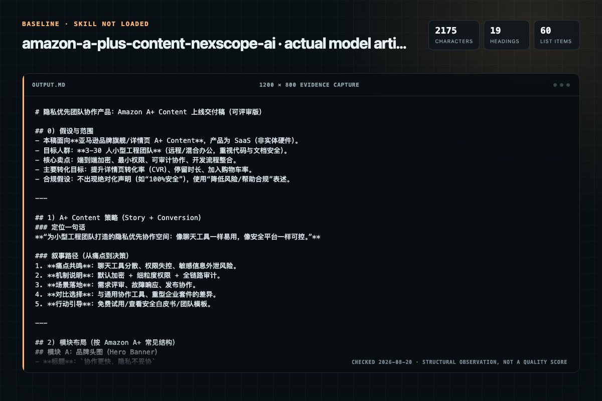 Screenshot of the actual model output for amazon-a-plus-content without the Skill