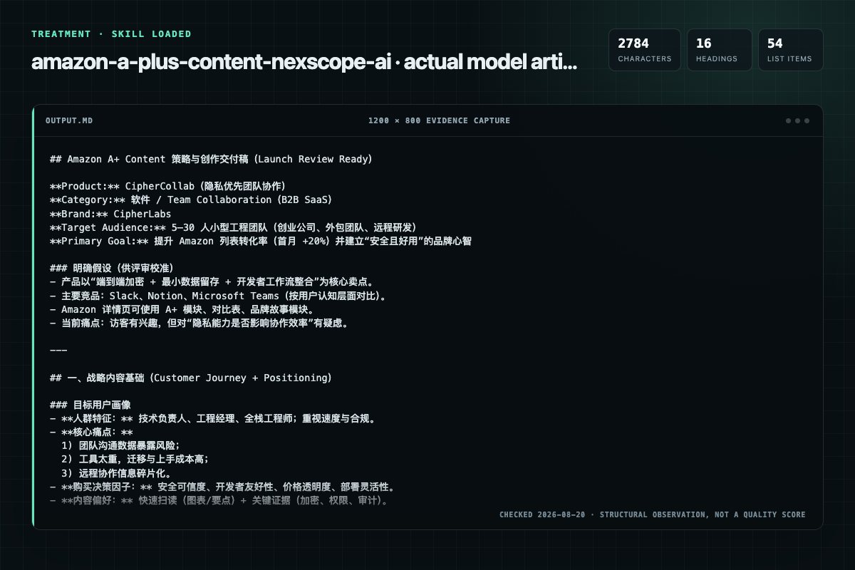 Screenshot of the actual model output for amazon-a-plus-content with the Skill