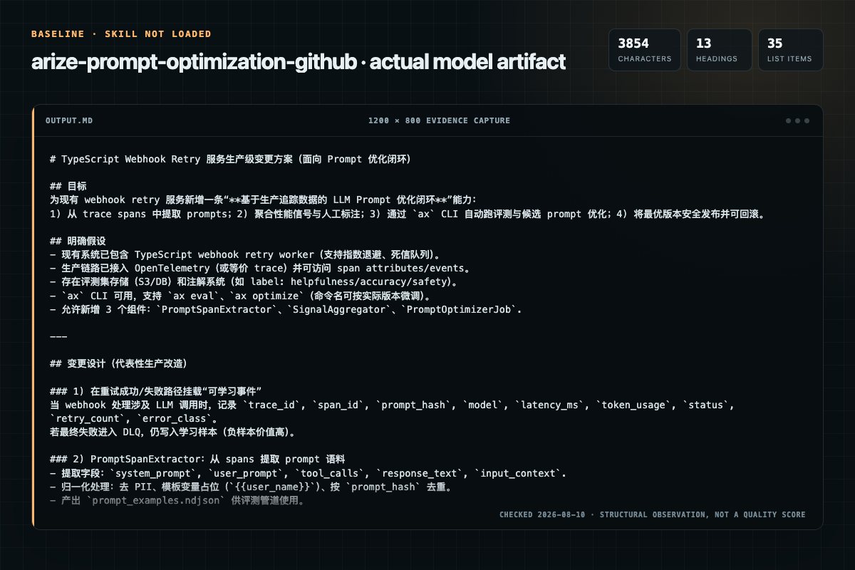 Screenshot of the actual model output for arize-prompt-optimization without the Skill