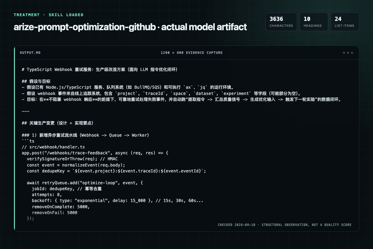 Screenshot of the actual model output for arize-prompt-optimization with the Skill