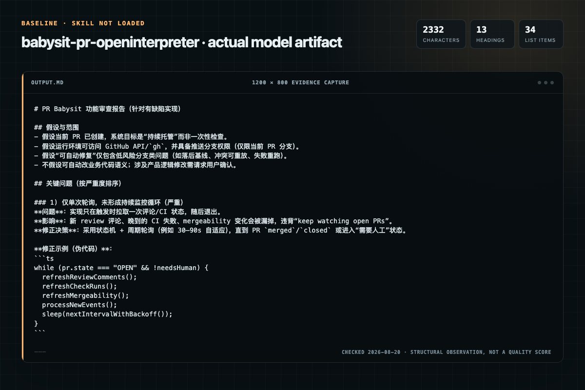Screenshot of the actual model output for babysit-pr without the Skill