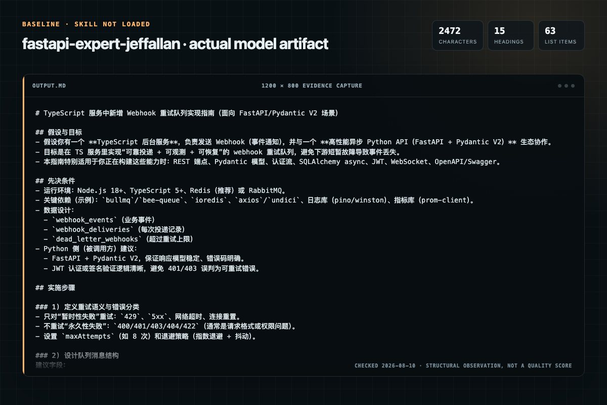 Screenshot of the actual model output for fastapi-expert without the Skill