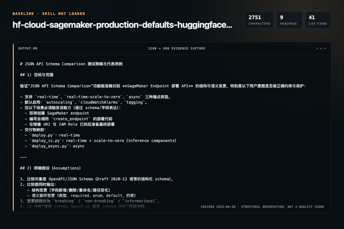 Screenshot of the actual model output for hf-cloud-sagemaker-production-defaults without the Skill