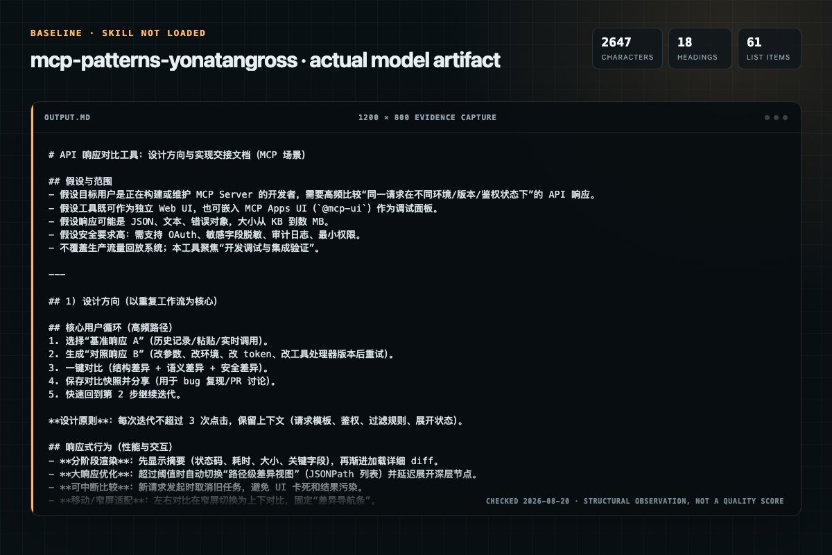 Screenshot of the actual model output for mcp-patterns without the Skill