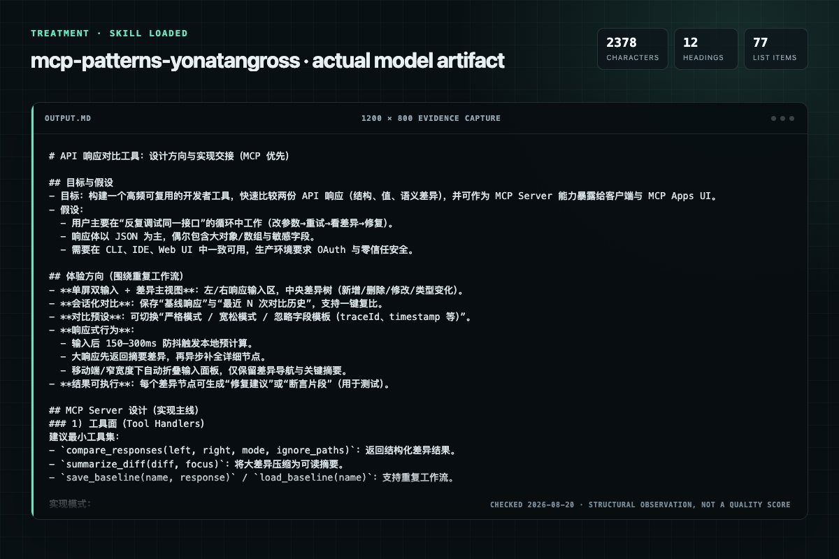 Screenshot of the actual model output for mcp-patterns with the Skill