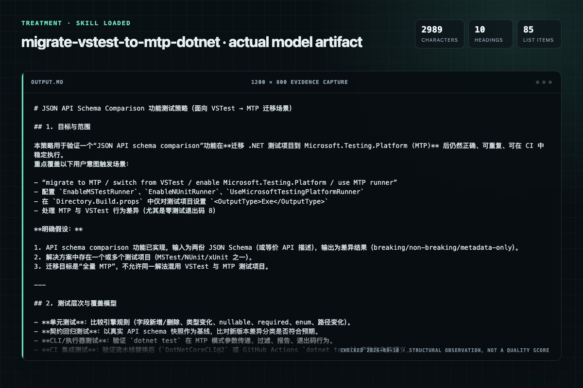 Screenshot of the actual model output for migrate-vstest-to-mtp with the Skill