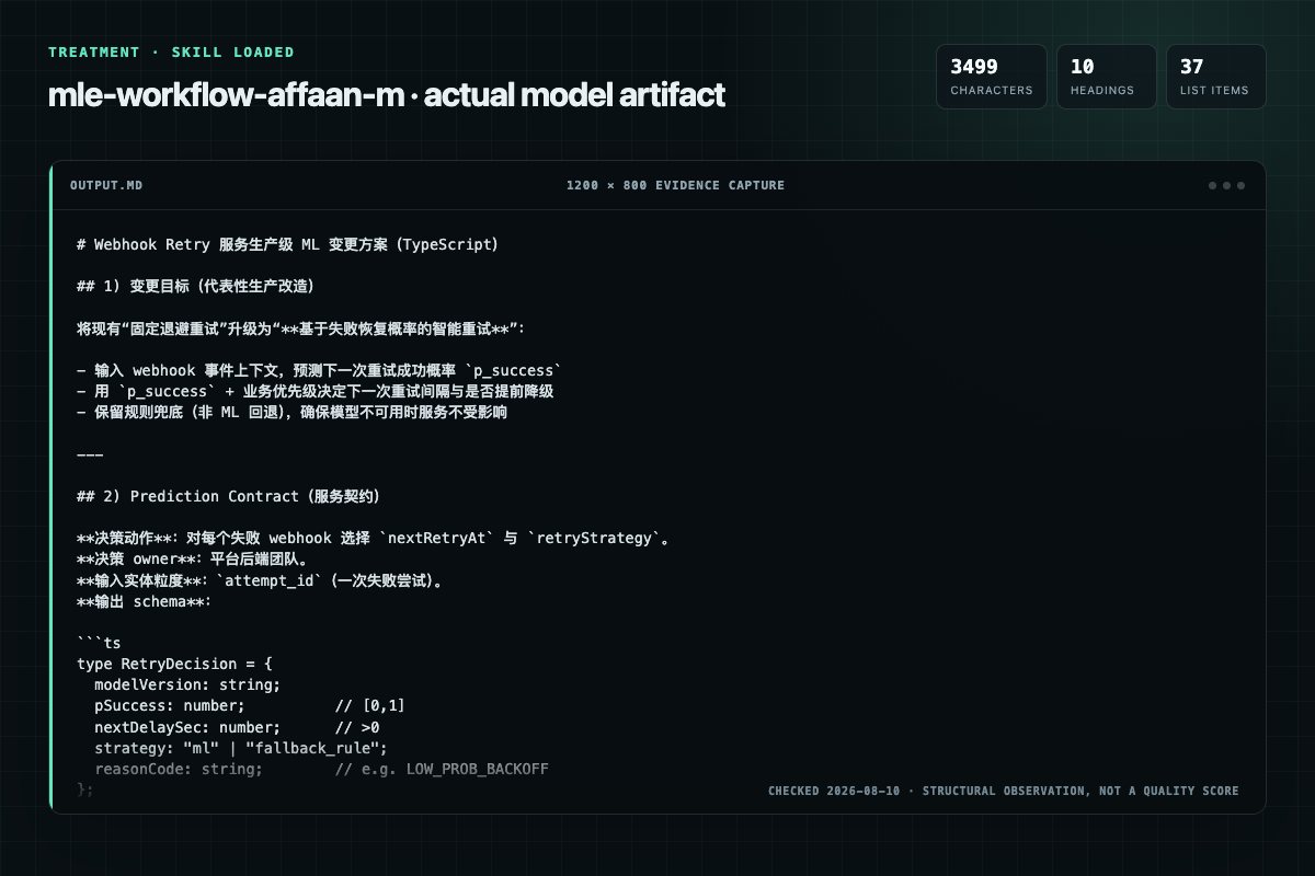 Screenshot of the actual model output for mle-workflow with the Skill