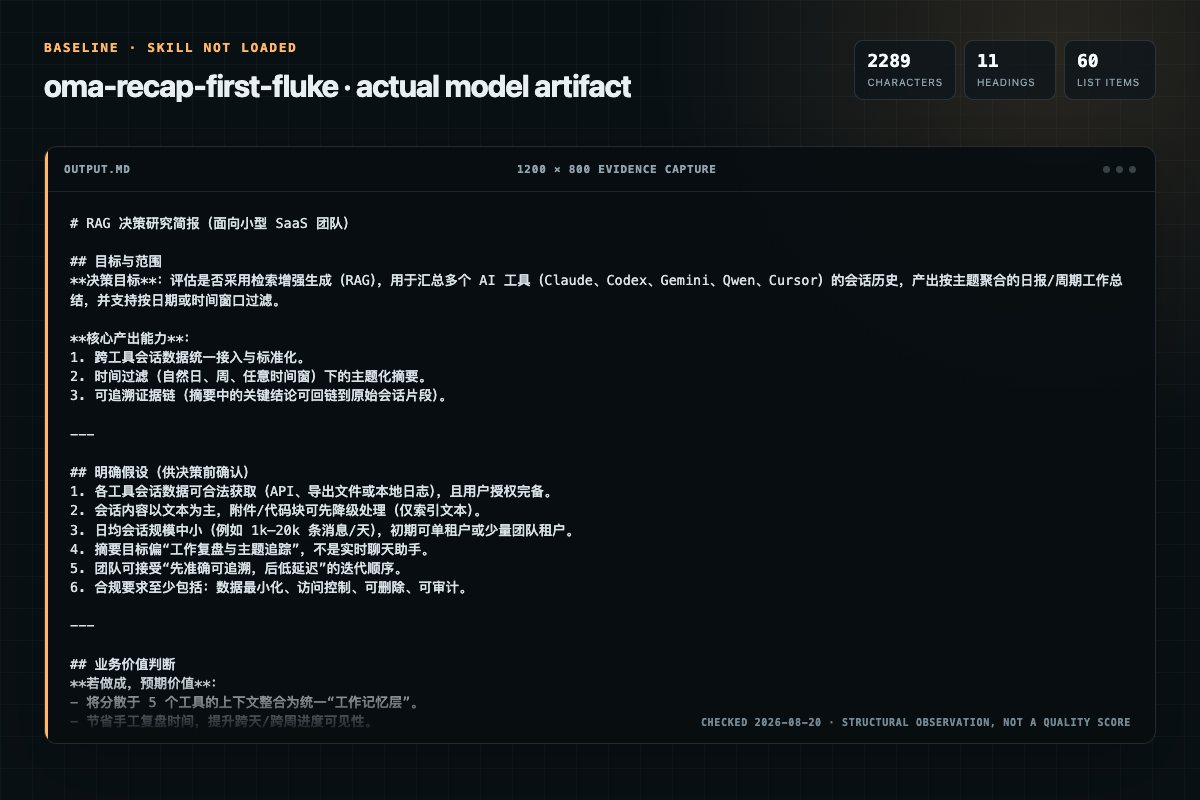 Screenshot of the actual model output for oma-recap without the Skill