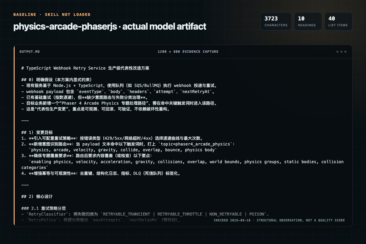 Screenshot of the actual model output for physics-arcade without the Skill