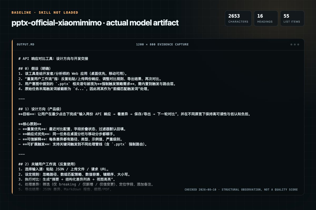 Screenshot of the actual model output for pptx-official without the Skill