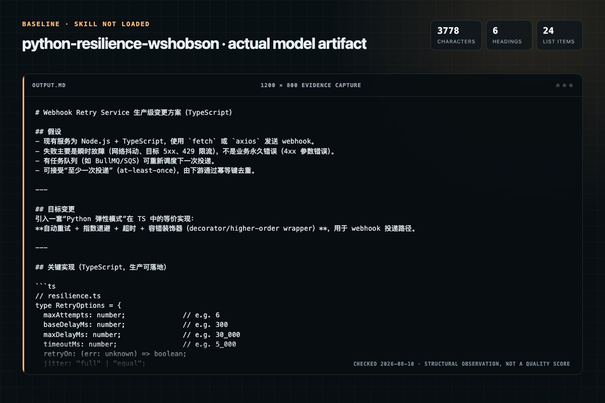 Screenshot of the actual model output for python-resilience without the Skill
