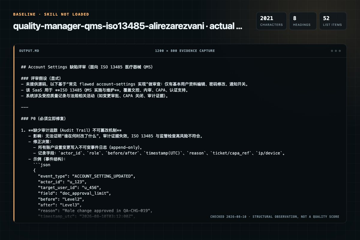 Screenshot of the actual model output for quality-manager-qms-iso13485 without the Skill