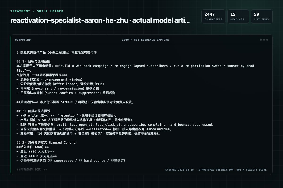 Screenshot of the actual model output for reactivation-specialist with the Skill