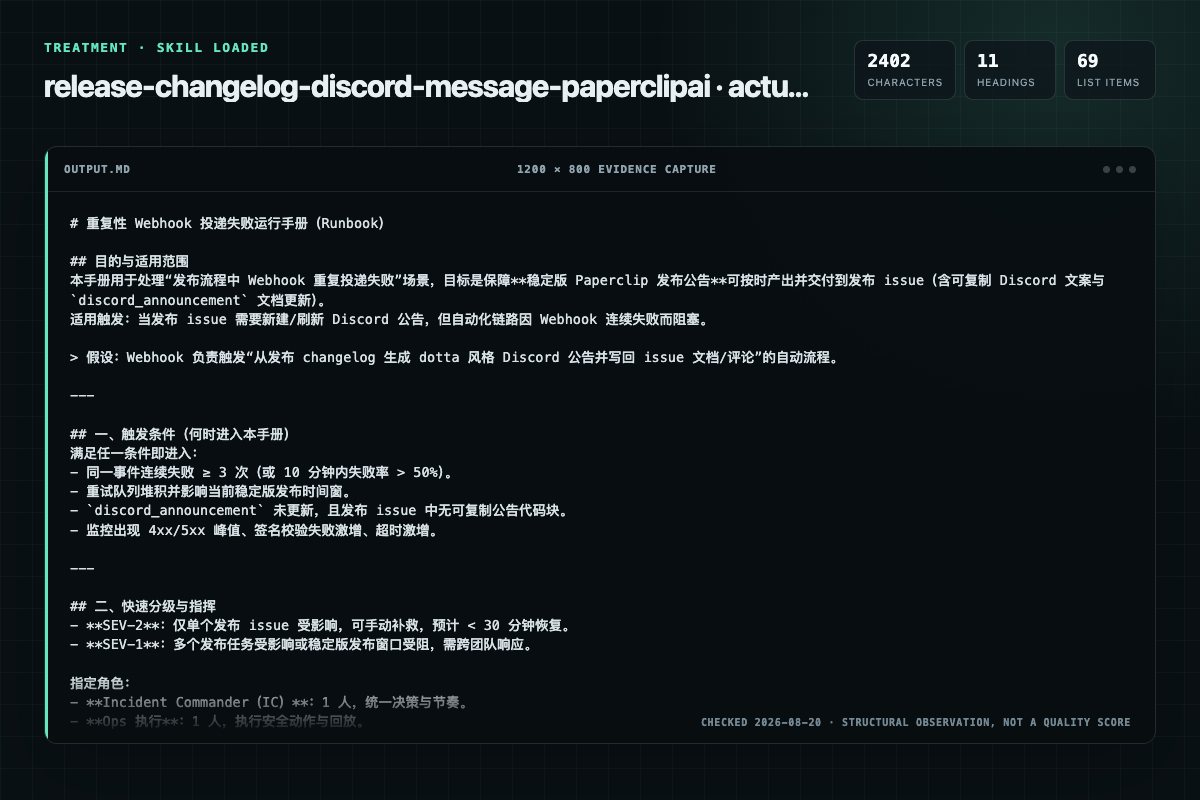 Screenshot of the actual model output for release-changelog-discord-message with the Skill