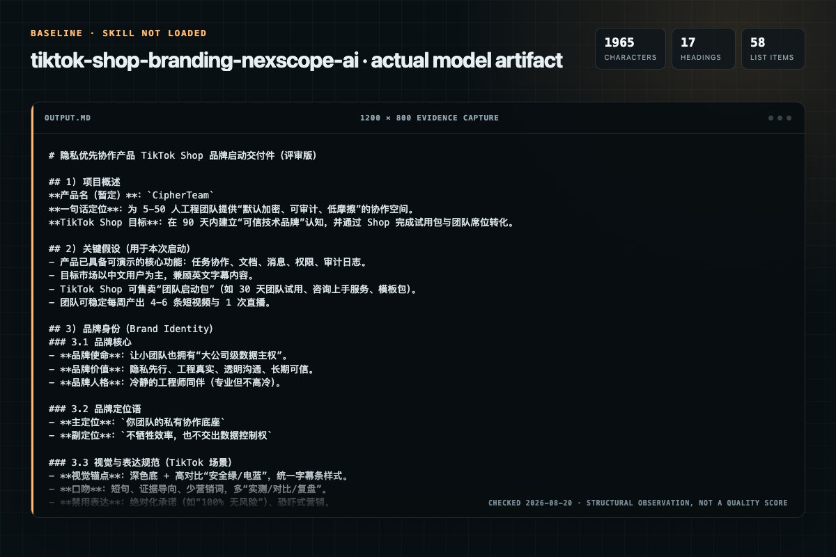 Screenshot of the actual model output for tiktok-shop-branding without the Skill